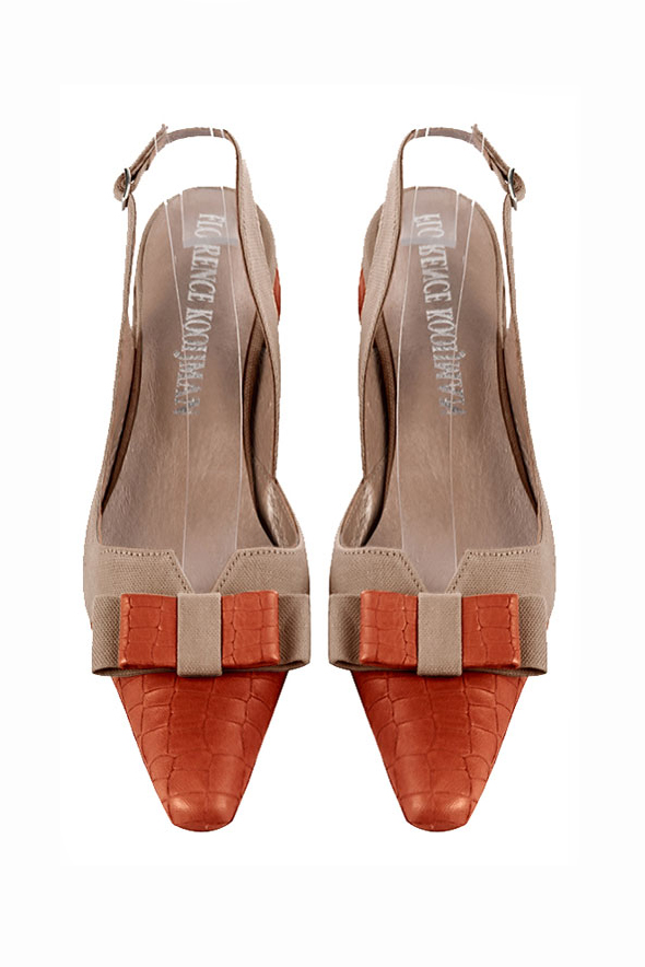 Terracotta orange and tan beige women's open back shoes, with a knot. Tapered toe. Flat block heels. Top view - Florence KOOIJMAN